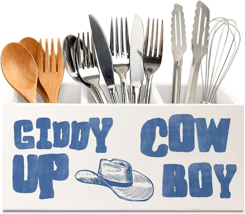KBRCT Retro Western Cowboy Wooden Utensils Holder, Blue Vintage Cowboy Hat Wild West Southwestern Wood Cooking Utensil Holder Organizer for Kitchen Countertop Counter Decor Accessories - Image 1